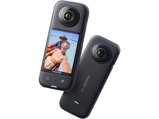 Close-up detail of the Insta360 X3 camera lens and sleek body design