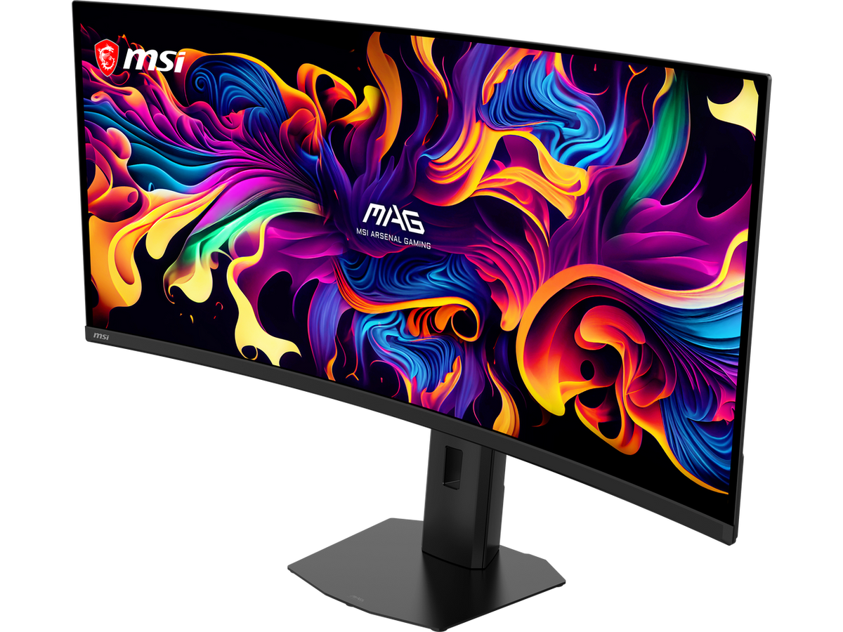 Side angle view of the MSI MAG 341CQP 280Hz OLED monitor