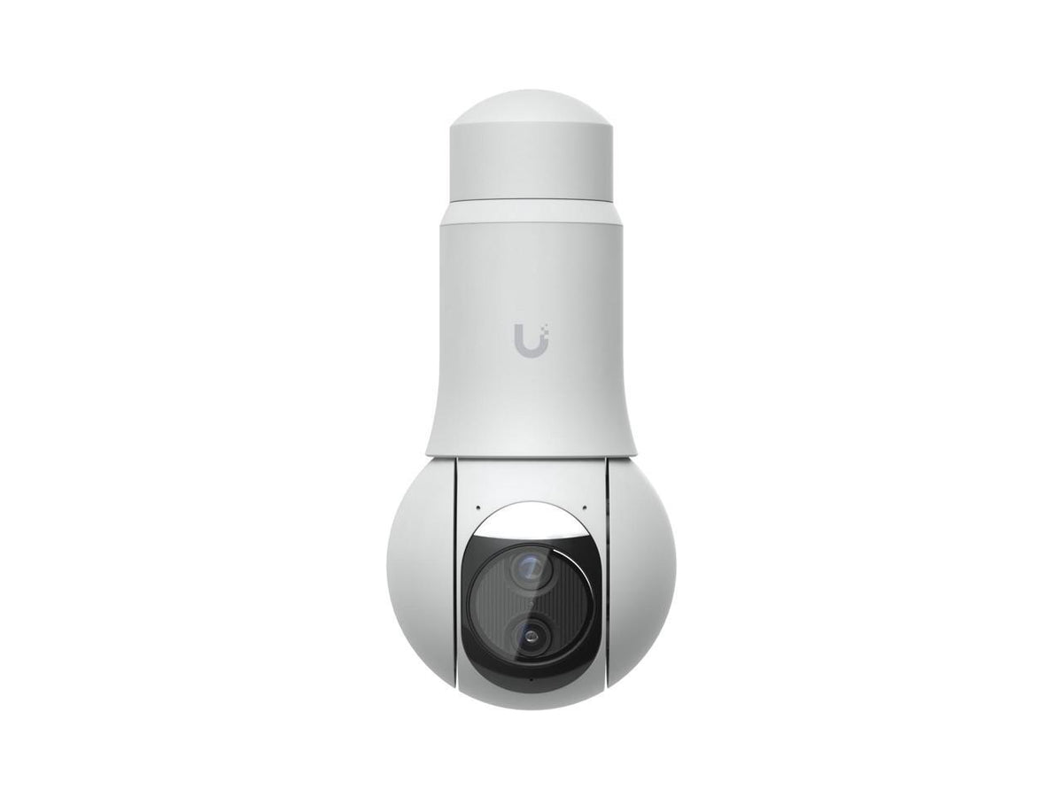 Front view of Ubiquiti G6 PTZ security camera in white showing dome lens and PTZ mechanism