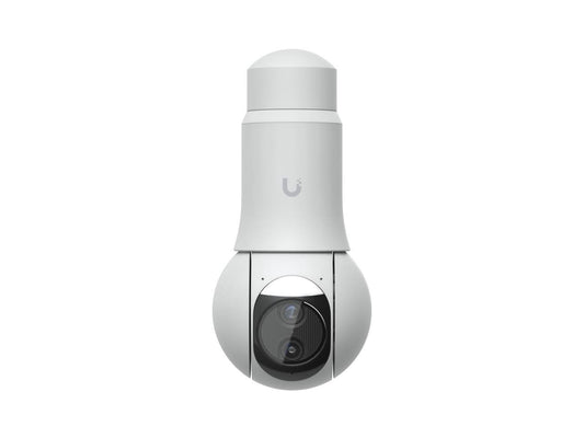 Front view of Ubiquiti G6 PTZ security camera in white showing dome lens and PTZ mechanism