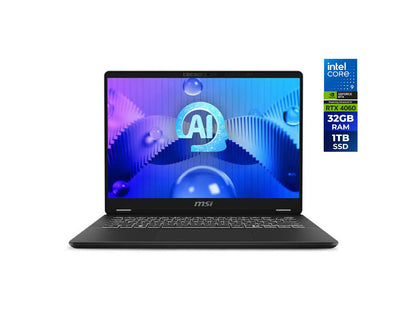 MSI Prestige 14 AI Studio laptop showing sleek metal chassis and 14-inch display