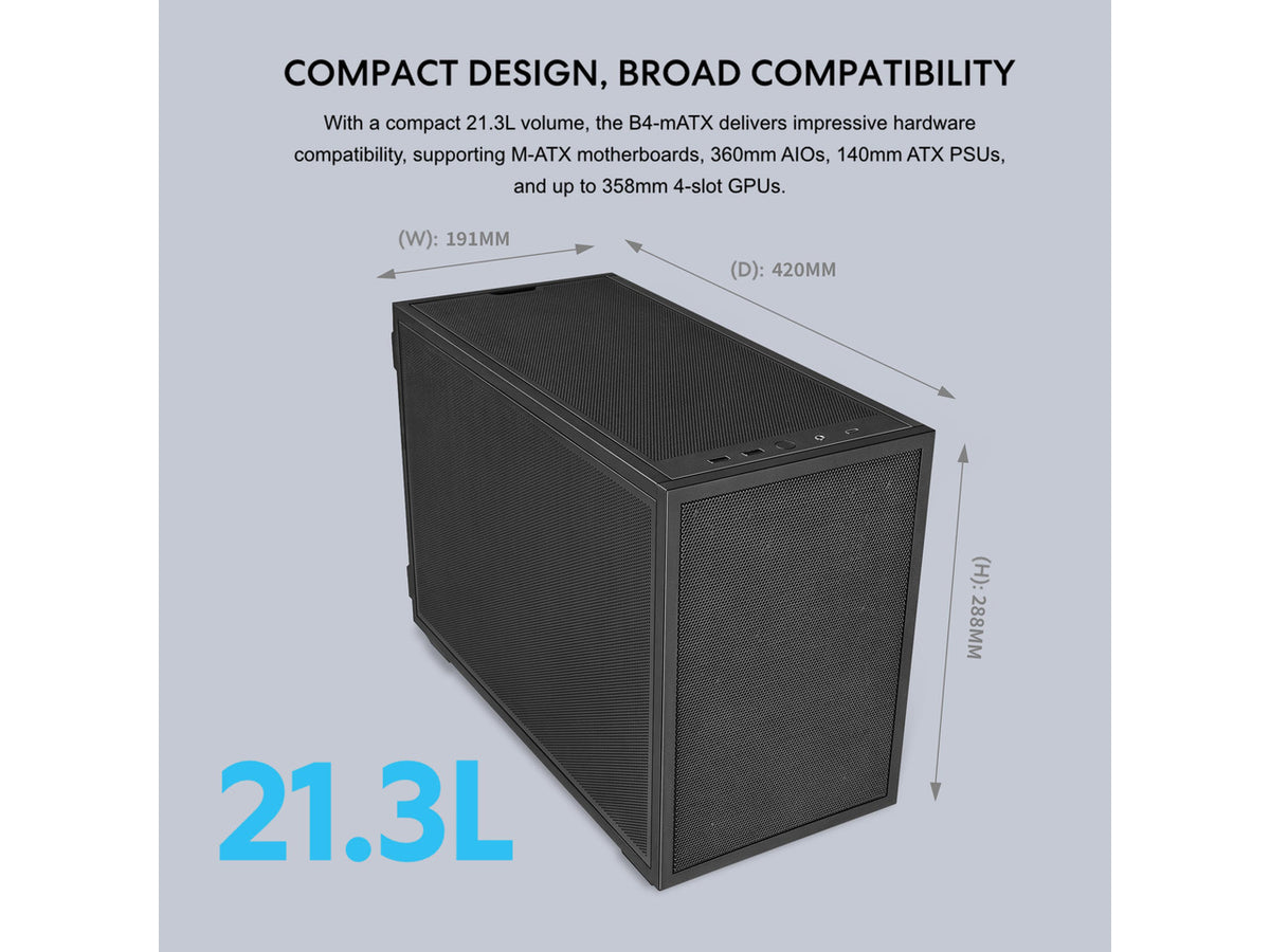 Close up of the black mesh paneling on the B4-mATX PC case