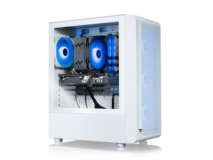 Rear panel view of Thermaltake desktop showing RTX 3050 graphics output