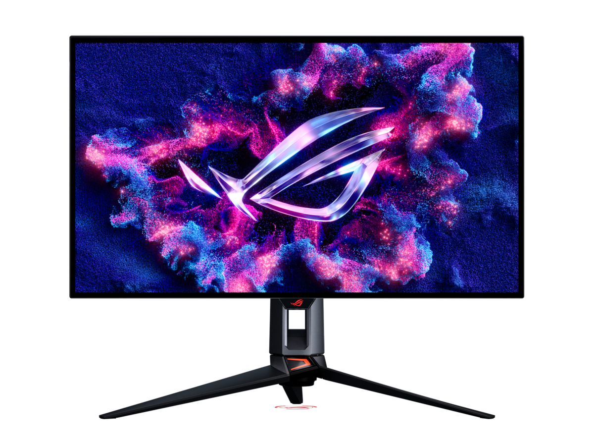 Angled view of ASUS ROG Swift OLED PG32UCWM showing slim bezels, metal stand and back RGB lighting