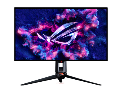 Angled view of ASUS ROG Swift OLED PG32UCWM showing slim bezels, metal stand and back RGB lighting