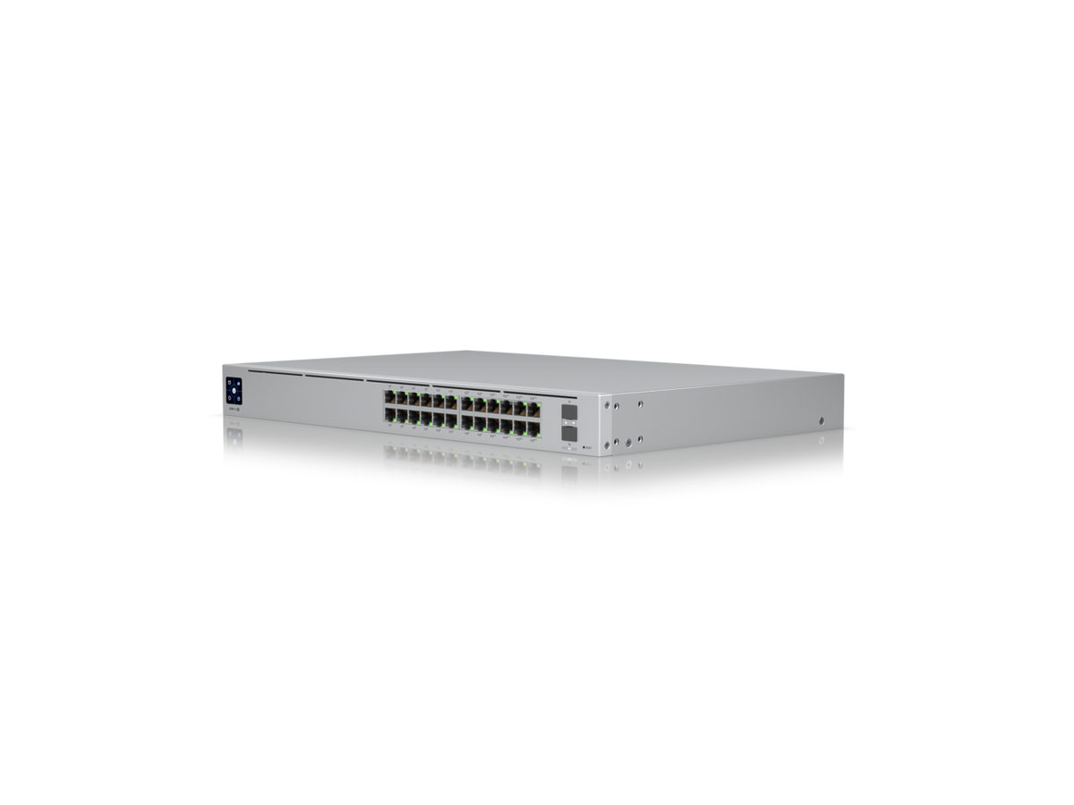 Rear panel of Ubiquiti Pro 24 switch showing cooling, power, and console port