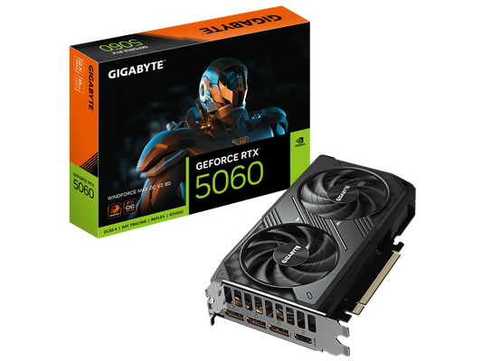 Front view of Gigabyte GeForce RTX 5060 WINDFORCE 2X showing dual fans and black shroud