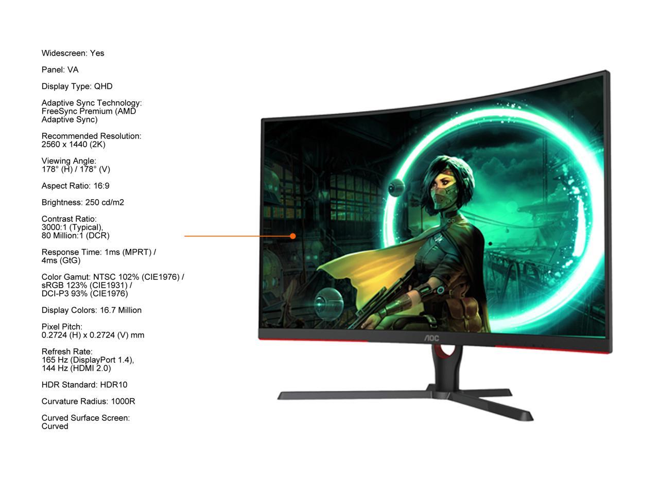 AOC 31.5" 165 Hz (DisplayPort 1.4), 144 Hz (HDMI 2.0) VA QHD Gaming Monitor FreeSync Premium (AMD Adaptive Sync) 2560 x 1440 (2K) NTSC 102% (CIE1976) / sRGB 123% (CIE1931) / DCI-P3 93% (CIE1976) HDMI, DisplayPort, Audio CQ32G3SE