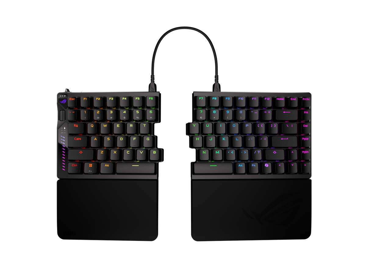 The ASUS ROG Falcata split keyboard sections positioned independently for ergonomics