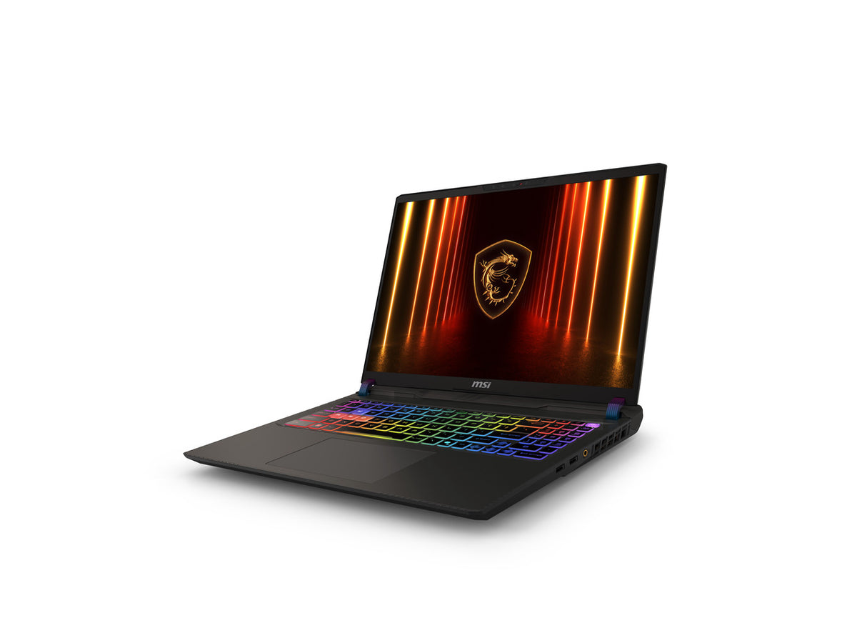 Close up of the MSI Vector 16 HX AI gaming laptop lid and branding
