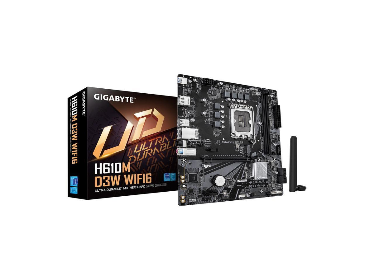 GIGABYTE H610M D3W WIFI6 Micro ATX motherboard angled front view with LGA 1700, DDR4 slots and PCIe x16