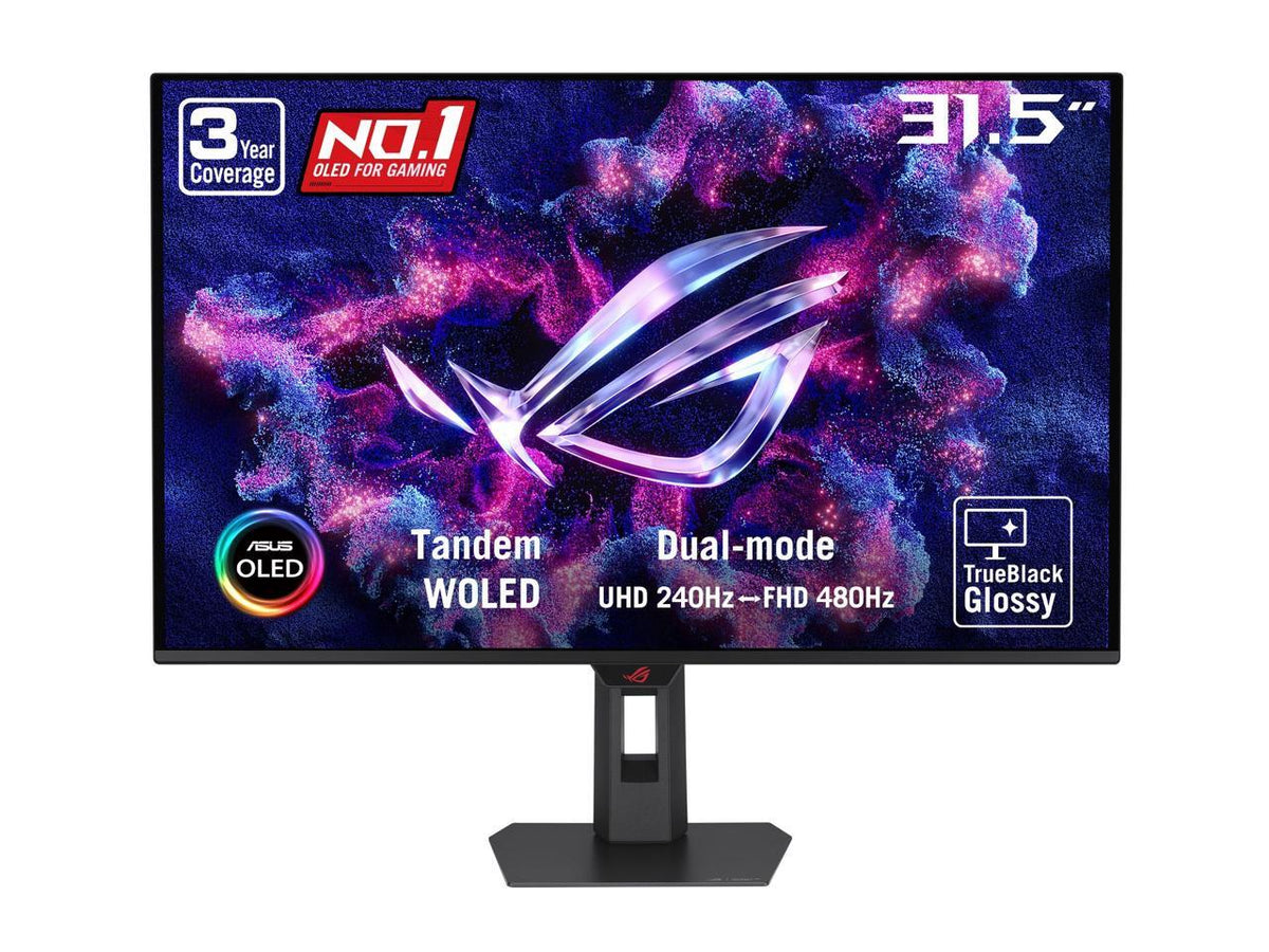 ASUS ROG Strix OLED 32-inch 4K monitor front view on stand, TrueBlack glossy panel, model XG32UQWMS