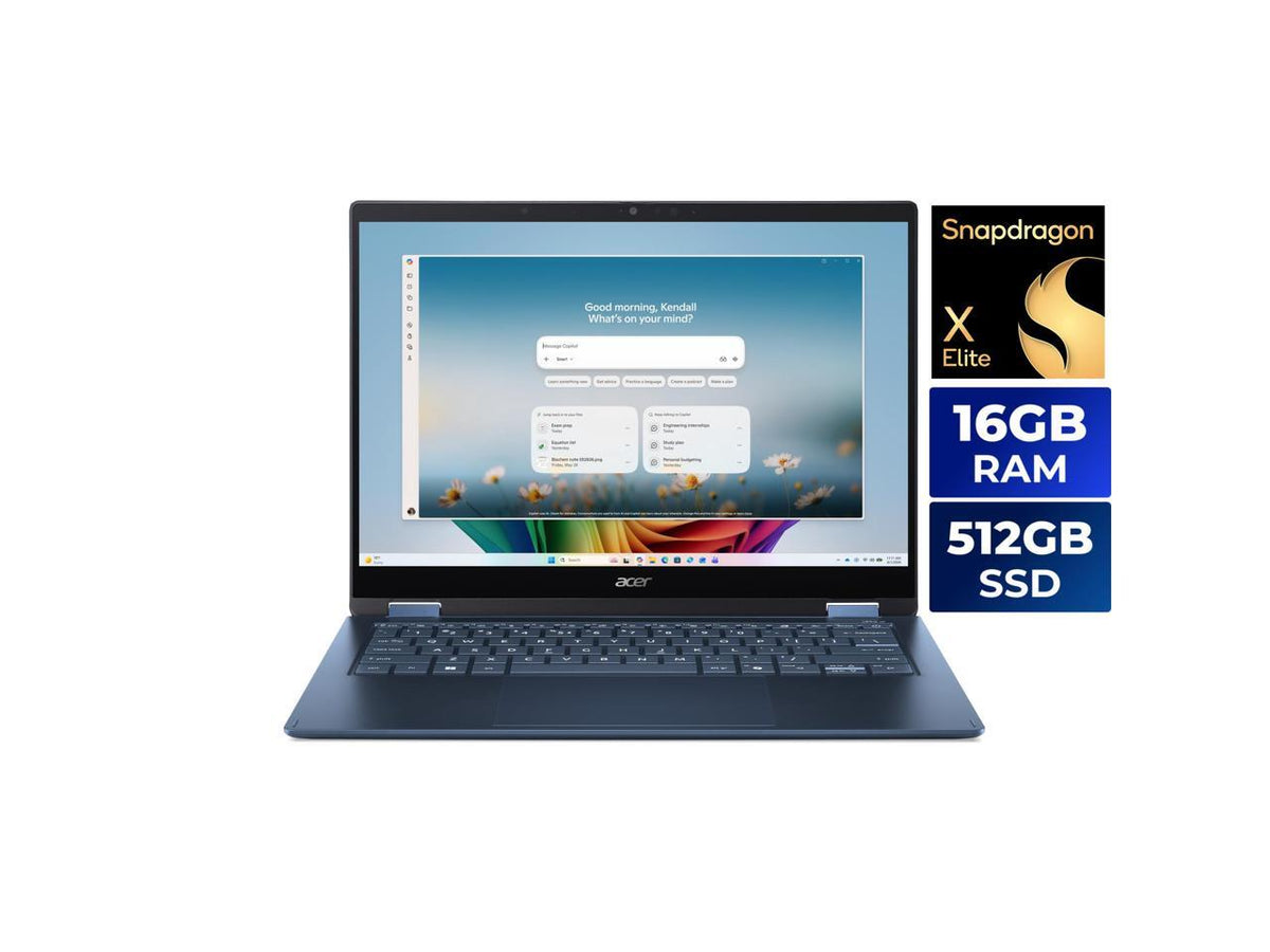 Acer SFSP14-Q51T 14-inch laptop open, angled view showing display, keyboard and slim portable silver chassis