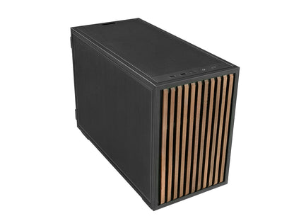 B4-mATX 21.3L PC case showing the front panel with wood-look black finish