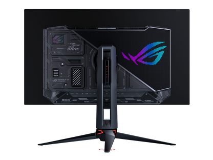 Close-up of ASUS ROG Swift OLED PG32UCWM metal stand with integrated cable management