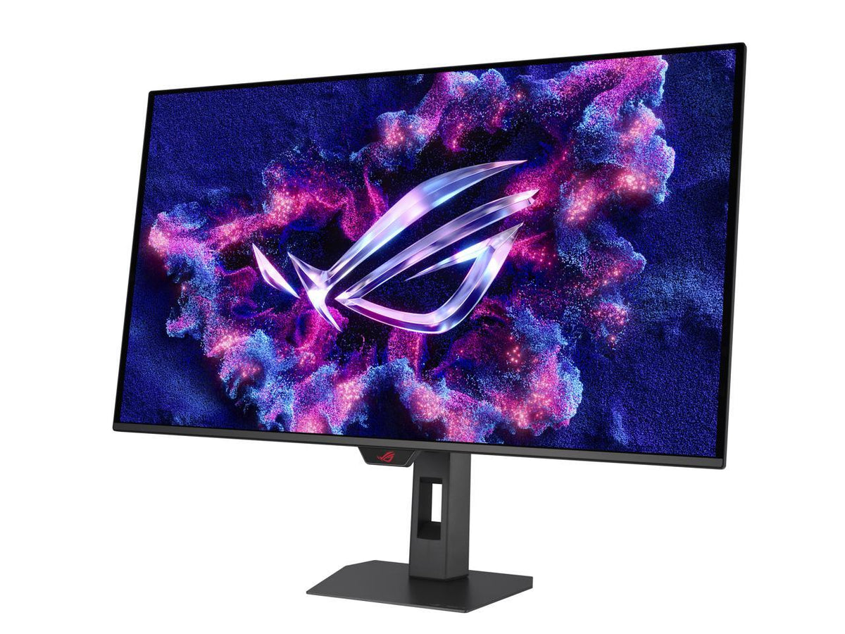Angled side profile ASUS ROG Strix OLED 32-inch 4K monitor highlighting slim bezel and tandem glossy finish