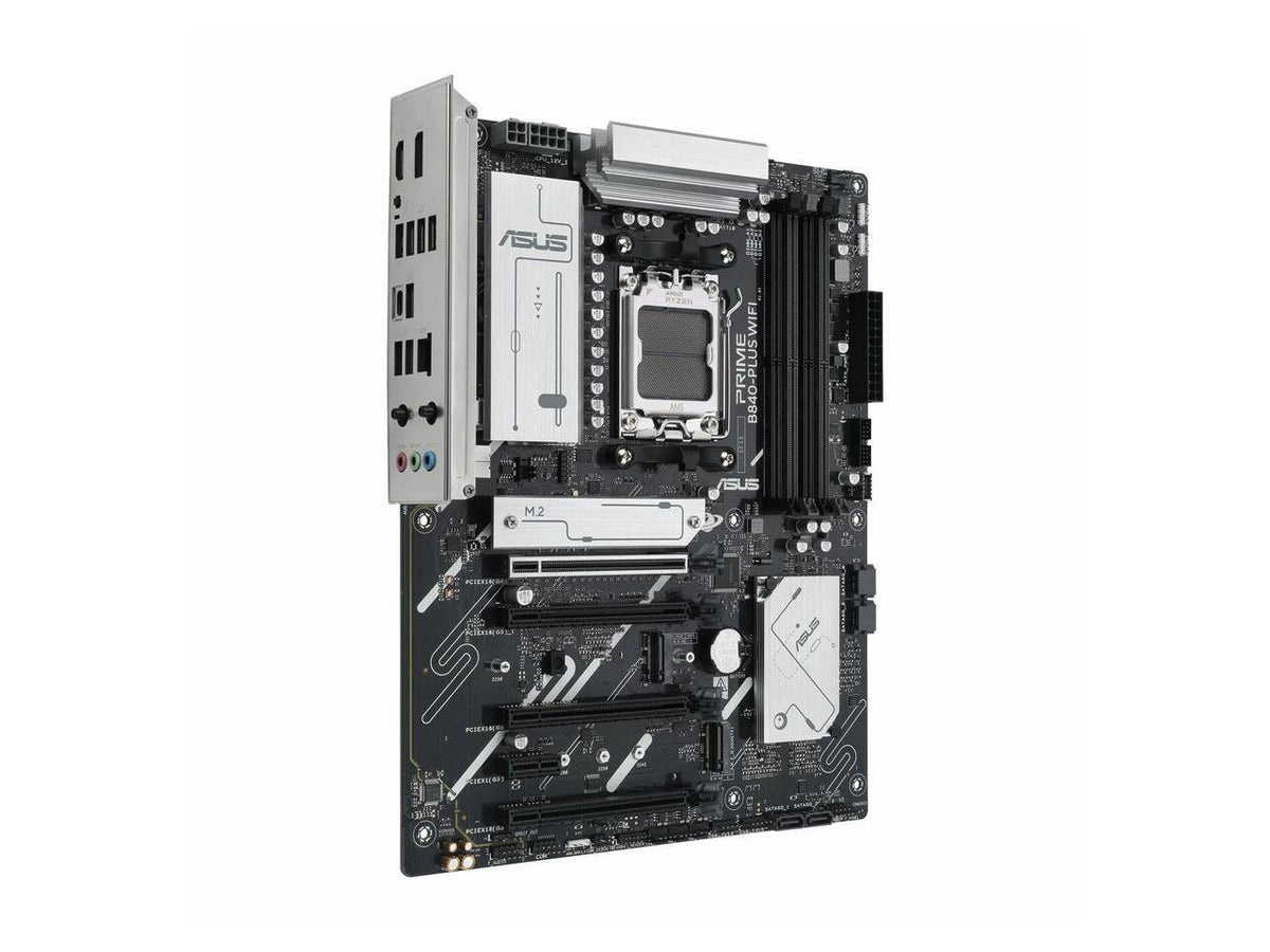 ASUS PRIME B840-PLUS WIFI-CSM ATX motherboard top view showing DDR5 memory slots, PCIe slots and heatsinks