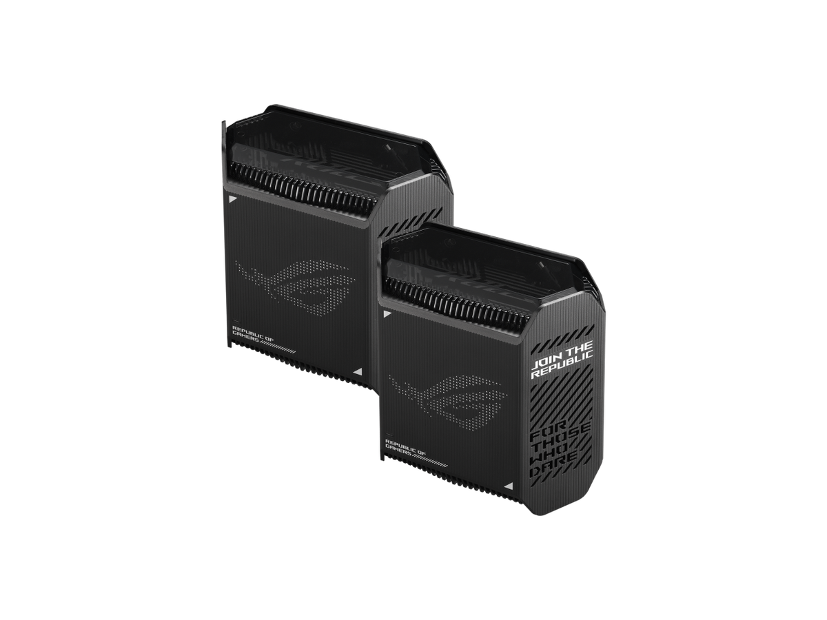 Detailed view of ASUS ROG Rapture GT6 illuminated logo and textured mesh design