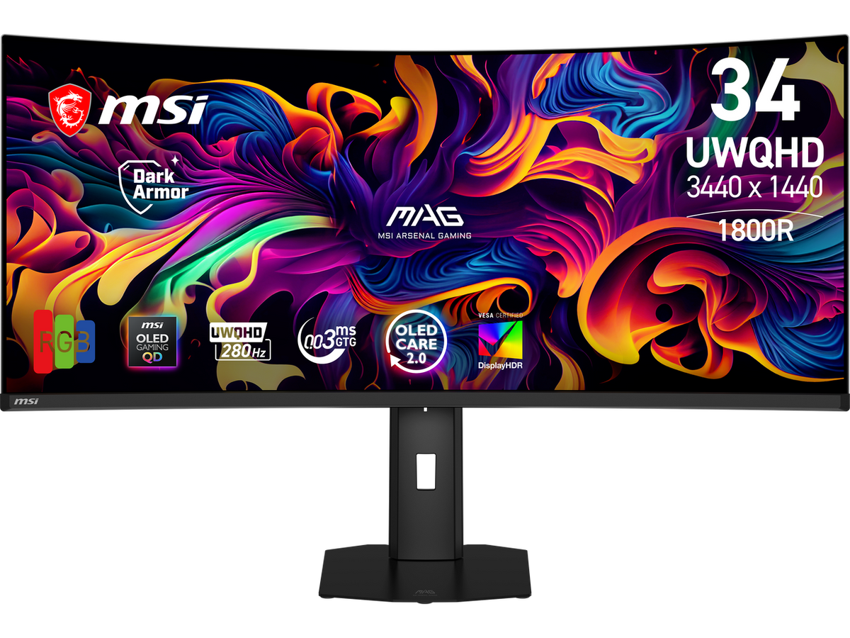 Front view of MSI MAG 341CQP 34 inch QD-OLED ultrawide gaming monitor