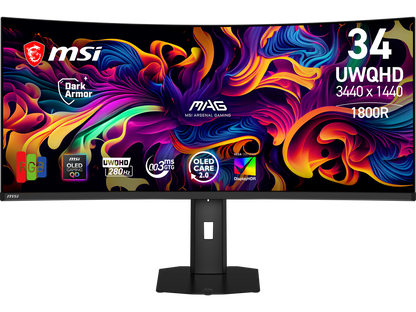 Front view of MSI MAG 341CQP 34 inch QD-OLED ultrawide gaming monitor