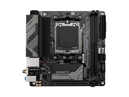 Rear I/O panel of Compact A620I AX motherboard with Wi-Fi 6 antenna and USB ports