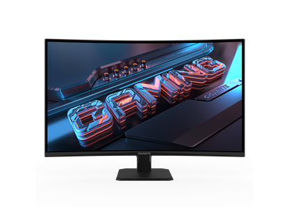 Gigabyte GS32QCA rear view showing stand, vents and input ports, 31.5" curved QHD 180Hz gaming monitor