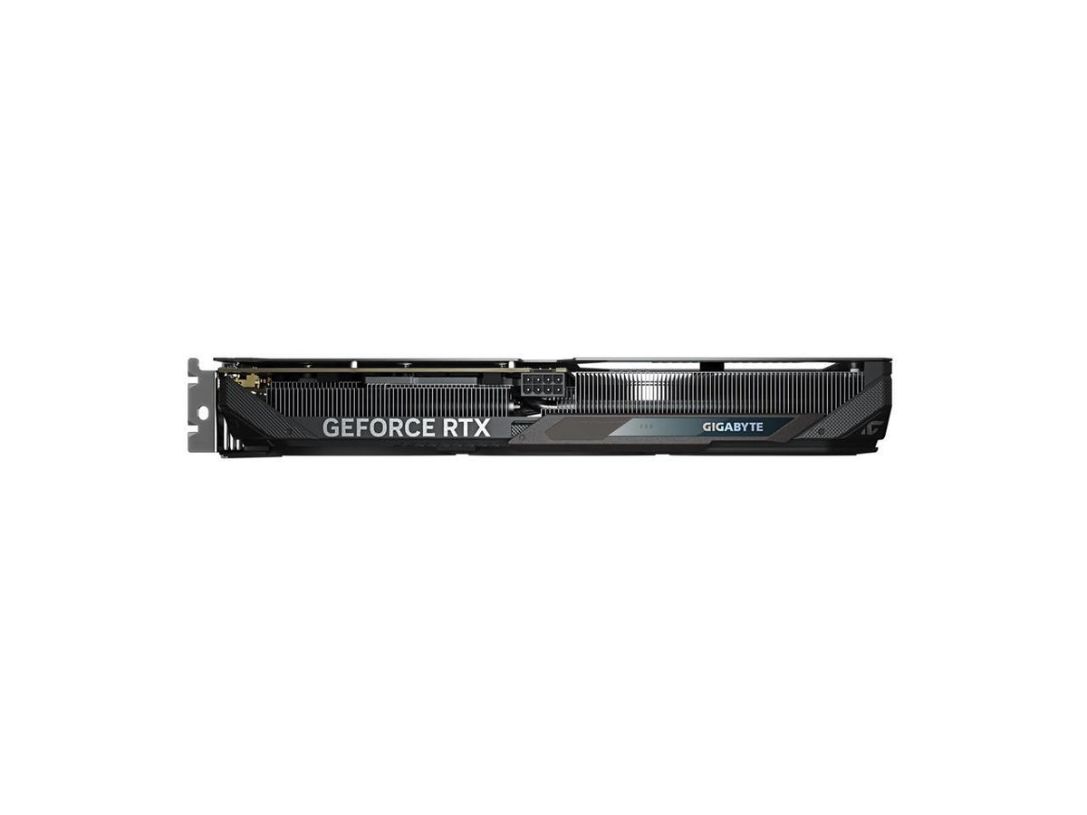 Top edge and fan hub of GIGABYTE GeForce RTX 5060 GAMING OC V2 8G showing GIGABYTE logo and RGB accents