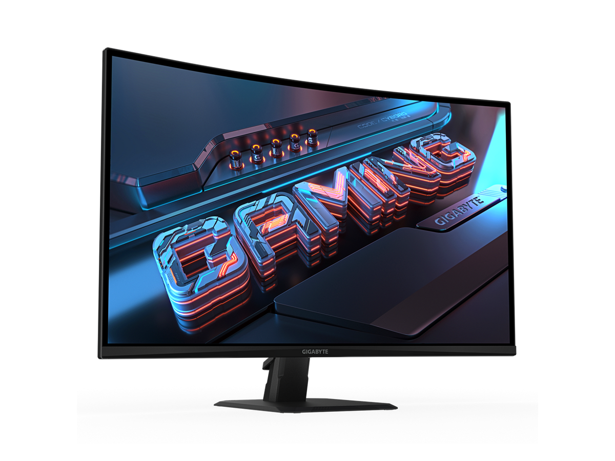 Gigabyte GS32QCA on stand showing curved profile and stable base, 31.5" QHD FreeSync 180Hz monitor