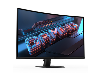Gigabyte GS32QCA on stand showing curved profile and stable base, 31.5" QHD FreeSync 180Hz monitor