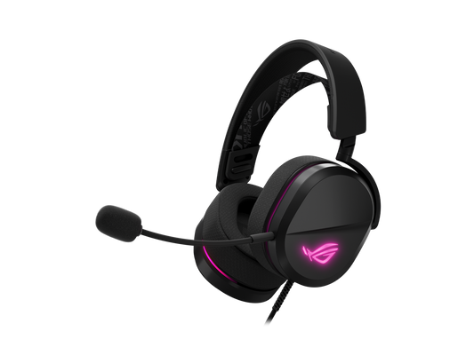 Side profile of the ROG Pelta Core Black headset showing build quality