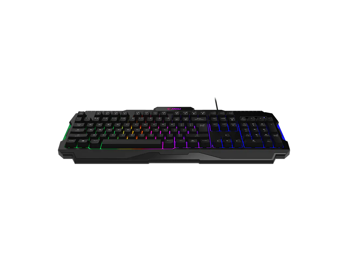 Close-up detail of MSI FORGE GK100 R keys and illuminated RGB lighting features