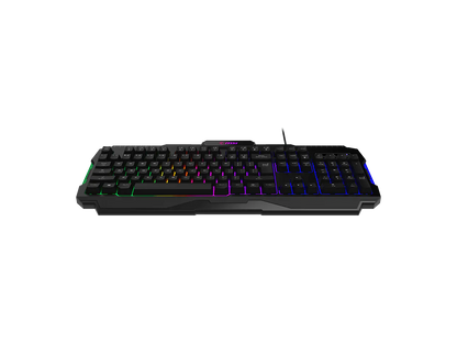 Close-up detail of MSI FORGE GK100 R keys and illuminated RGB lighting features