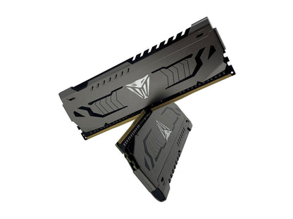 Close-up of Patriot Viper Steel silver heatspreader with black Viper logo and DDR4 3200MHz branding