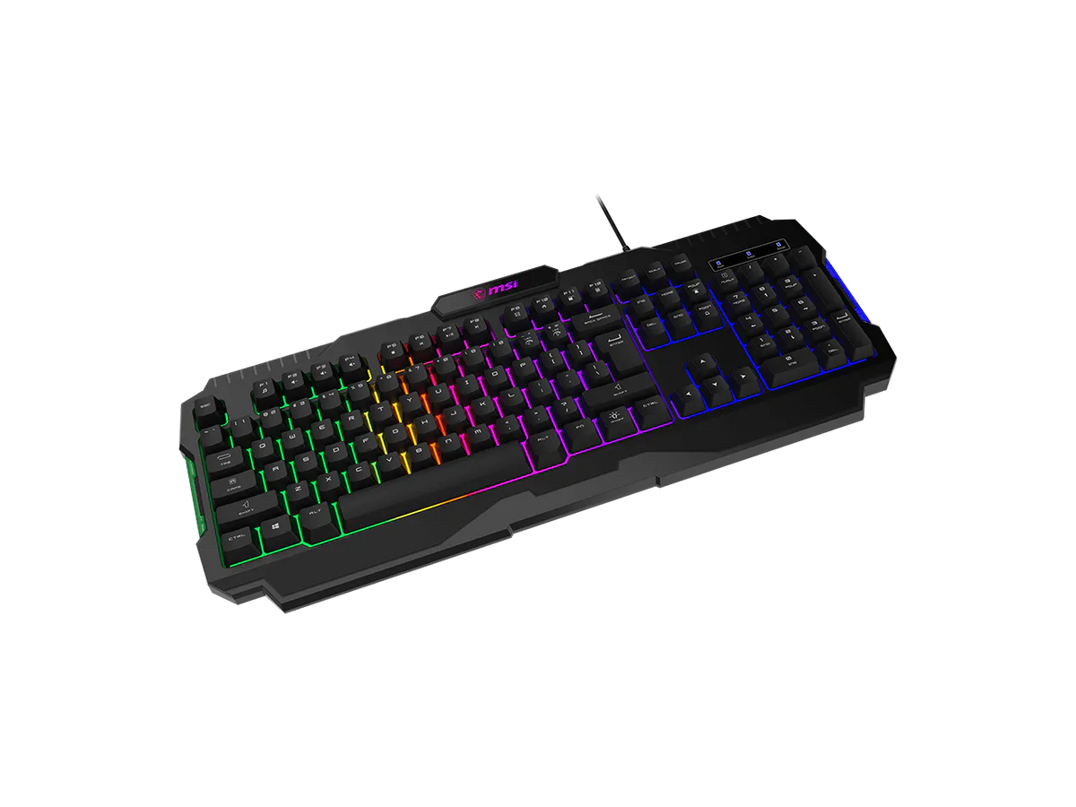 Side profile view of the MSI FORGE GK100 R gaming keyboard highlighting ergonomics