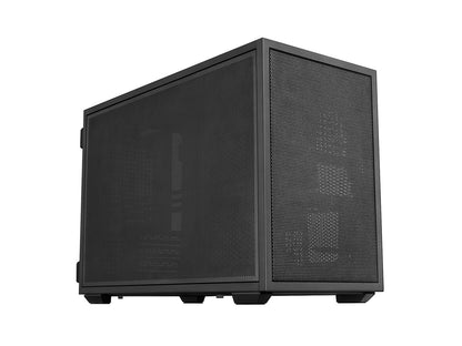 Side view of the B4-mATX black mesh PC case showing internal cooling space