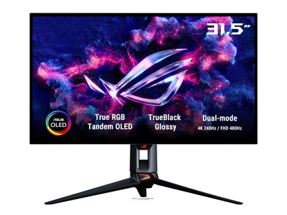 ASUS ROG Swift OLED PG32UCWM 31.5-inch 4K monitor front view with ROG wallpaper and slim bezels