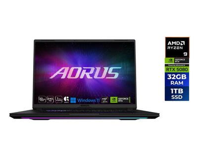 GIGABYTE AORUS Master 16 gaming laptop open angled view, 16-inch display and RGB keyboard