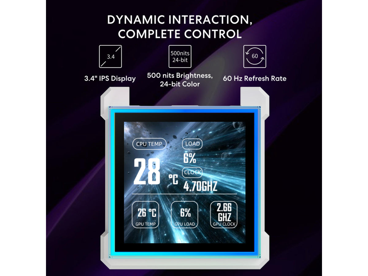 Close-up view of the customizable LCD screen on the Lian Li Hydroshift II pump block