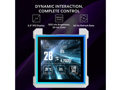 Close-up view of the customizable LCD screen on the Lian Li Hydroshift II pump block