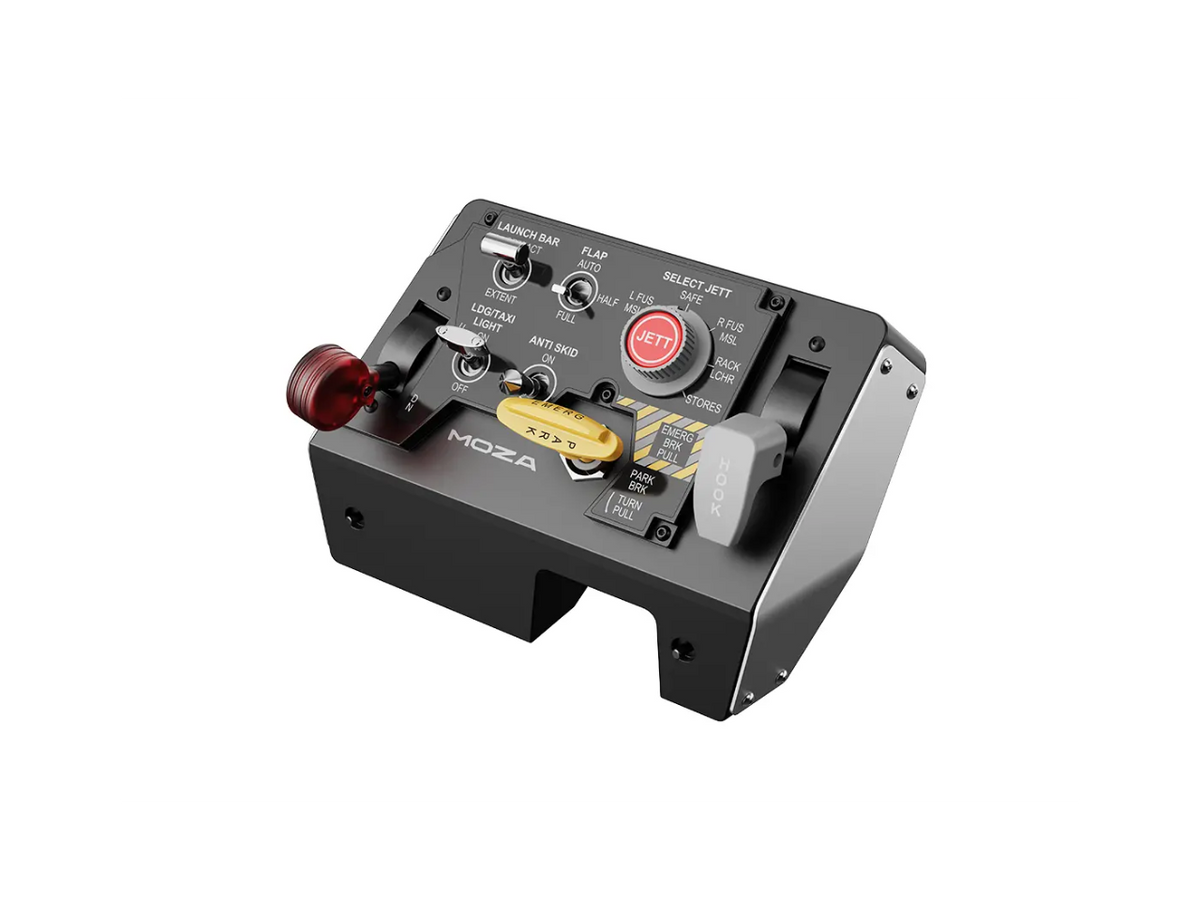 Close up of Moza Racing MTLP flight simulation button switches