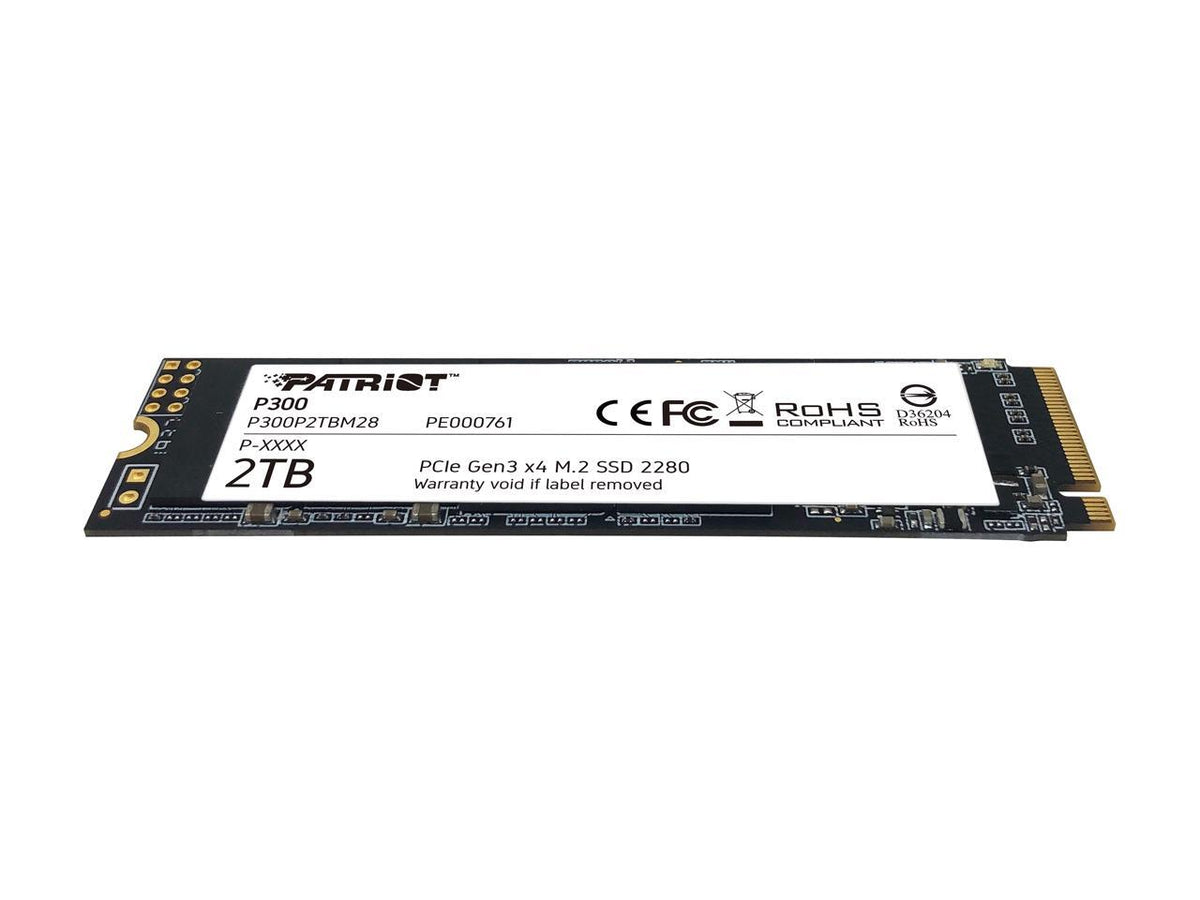 Close-up label and serial markings of Patriot P300 2TB SSD