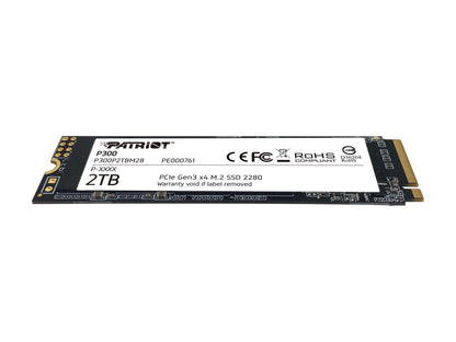 Close-up label and serial markings of Patriot P300 2TB SSD