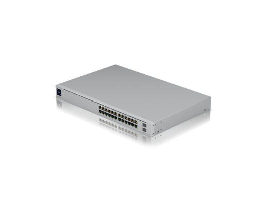 Close-up of USW-Pro-24-POE ports featuring PoE+ and PoE++ status LEDs