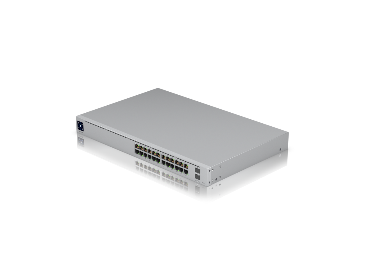 Close-up of USW-Pro-24-POE ports featuring 24 RJ45 PoE ports and dual 10G SFP+ fiber uplink ports.