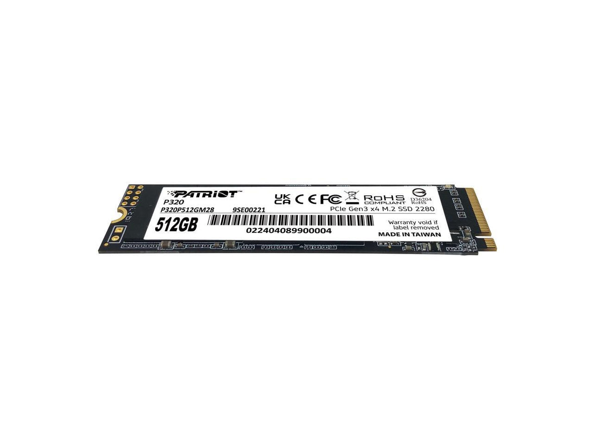 Angled view of Patriot P320 512GB M.2 NVMe SSD highlighting slim M.2 form factor and gold PCIe connector