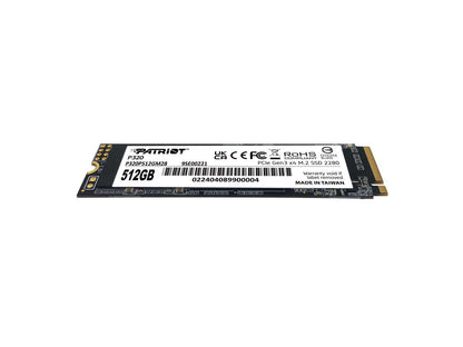 Angled view of Patriot P320 512GB M.2 NVMe SSD highlighting slim M.2 form factor and gold PCIe connector