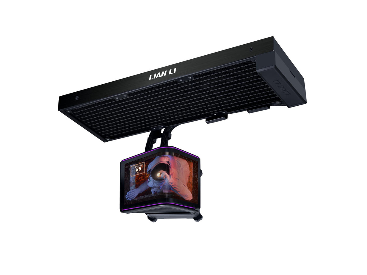 Lian Li Hydroshift II OLED 360 AIO CPU cooler showing the curved 6.67-inch 2K display