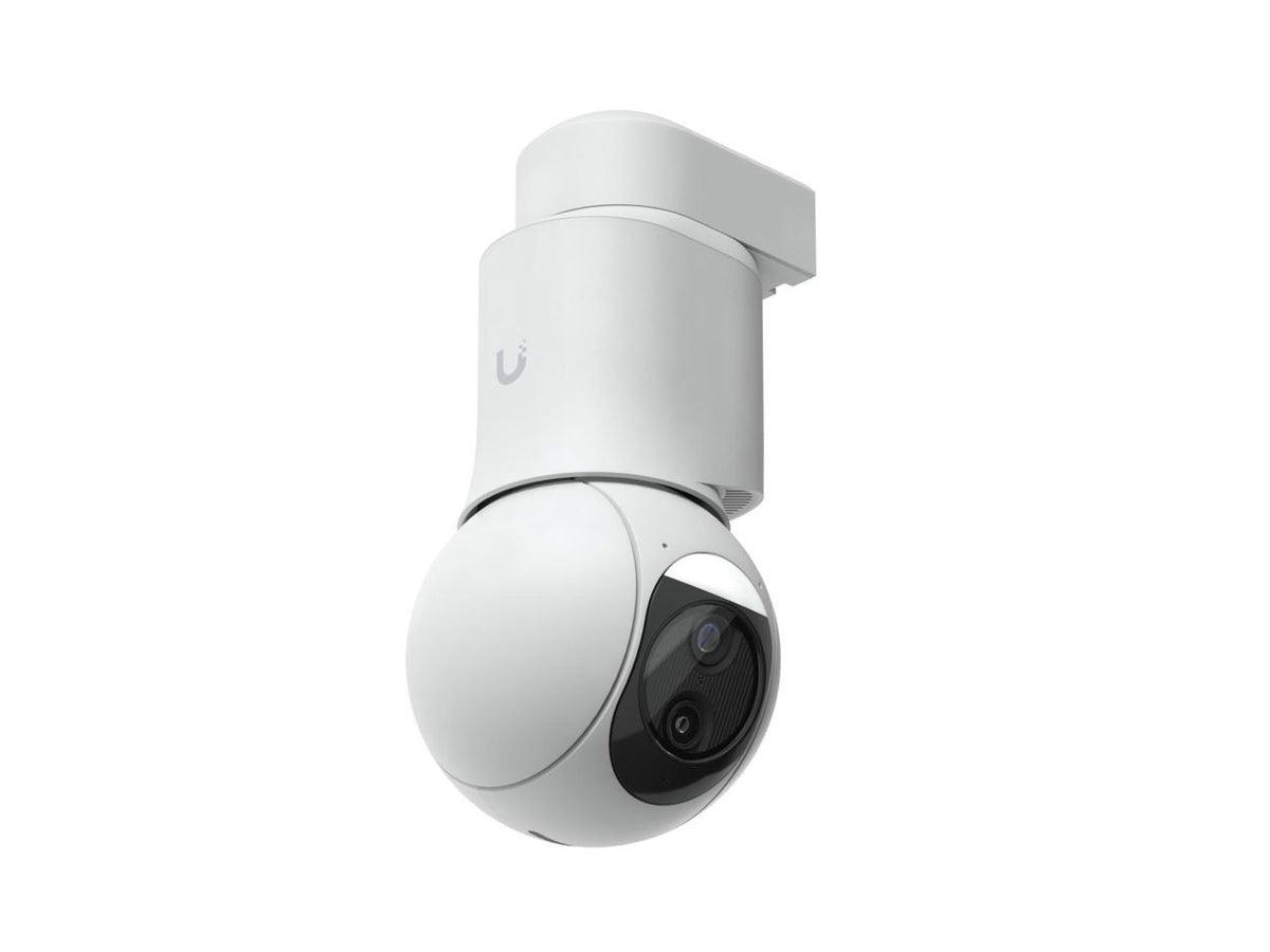 Side profile of Ubiquiti G6 PTZ camera white with mounting bracket and cable port