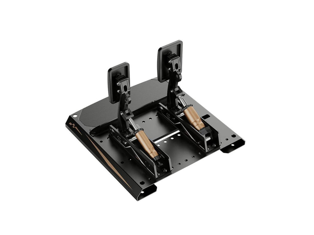 Moza Racing CRP2 sim racing pedals installed on a racing rig cockpit