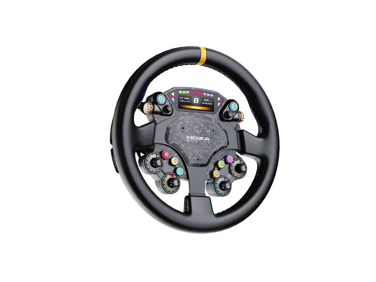 Angled view showing the grip and button layout of the Moza Racing CS Pro wheel